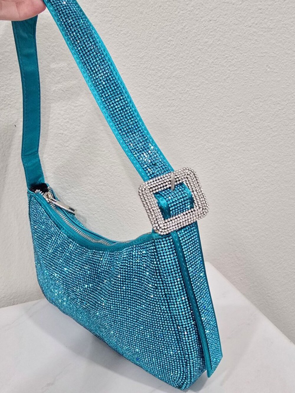 Poster Grl ✦ Aqua Rhinestone Shoulder Bag ✦ Adjustable Belt Strap Sparkling NWT - Picture 9 of 13